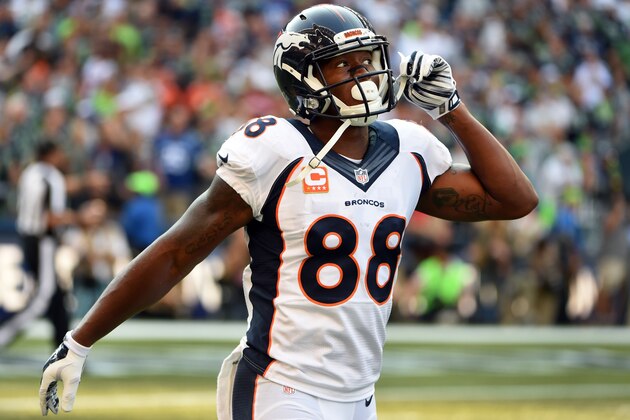 SEATTLE, WA - SEPTEMBER 21: Wide receiver Demaryius Thomas #88 of the Denver Broncos walks to the bench after scoring a two point conversion during the fourth quarter of the game against the Seattle Seahawks at CenturyLink Field on September 21, 2014 in Seattle,Washington. The Seahawks won the game 26-20. (Photo by Steve Dykes/Getty Images)