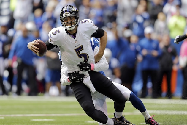 Baltimore Ravens quarterback Joe Flacco, left, is sacked by Indianapolis Colts defensive back Sergio Brown during the first half of an NFL football game in Indianapolis, Sunday, Oct. 5, 2014. (AP Photo/Jeff Roberson)