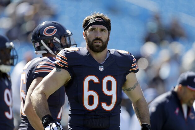 Chicago Bears' Jared Allen (69) before an NFL football game against the Carolina Panthers in Charlotte, N.C., Sunday, Oct. 5, 2014. The Panthers won 31-24. (AP Photo/Bob Leverone)