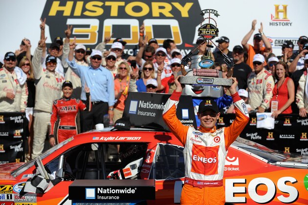 CHARLOTTE, NC - MAY 24:  Kyle Larson, driver of the #42 ENOES Chevrolet, poses in victory lane after winning the NASCAR Nationwide Series History 300 at Charlotte Motor Speedway on May 24, 2014 in Charlotte, North Carolina.  (Photo by Will Schneekloth/Getty Images)