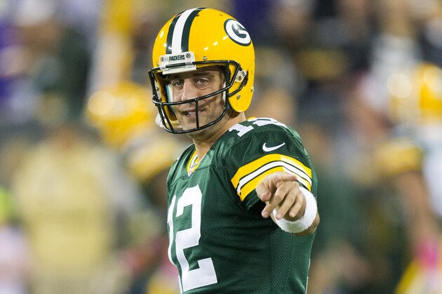Oct 2, 2014; Green Bay, WI, USA; Green Bay Packers quarterback Aaron Rodgers (12) during warmups prior to the game against the Minnesota Vikings at Lambeau Field.  Green Bay won 42-10.  Mandatory Credit: Jeff Hanisch-USA TODAY Sports