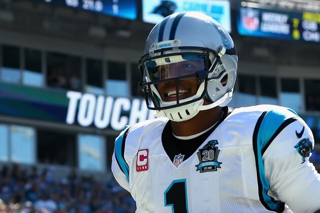 CHARLOTTE, NC - OCTOBER 05:  Cam Newton #1 of the Carolina Panthers celebrates after a third quarter Panther touchdown against the Chicago Bears at Bank of America Stadium on October 5, 2014 in Charlotte, North Carolina.  (Photo by Streeter Lecka/Getty Images)