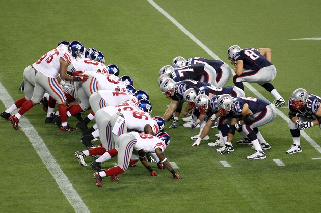 New England Patriots special team line up against the New York Giants defense to kick an extra point during the second quarter of a preseason NFL game at Gillette Stadium, Thursday, Sept. 1, 2011, in Foxborough, Mass. (AP Photo/Stew Milne)