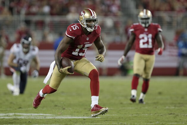 San Francisco 49ers wide receiver Michael Crabtree (15) runs against the Chicago Bears during an NFL football game in Santa Clara, Calif., Sunday, Sept. 14, 2014. (AP Photo/Marcio Jose Sanchez)
