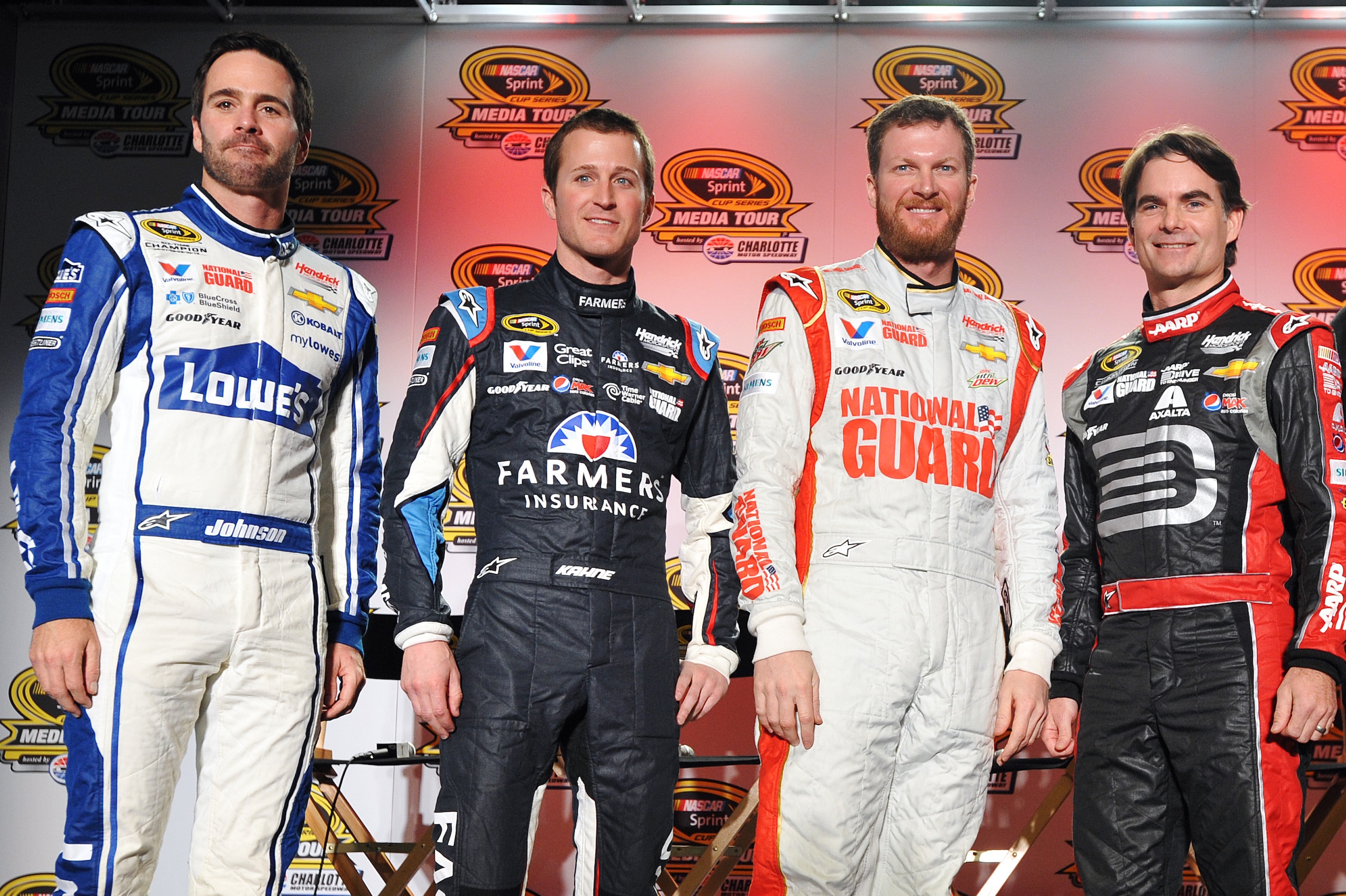 CHARLOTTE, N.C. - JANUARY 28:  (L-R) Jimmie Johnson, driver of the #48 Lowes Chevrolet; Kasey Kahne, driver of the #5 Farmers Insurance Chevrolet; Dale Earnhardt Jr., driver of the #88 National Guard Chevrolet; Jeff Gordon, driver of the #24 Drive to End Hunger Chevrolet; and team owner Rick Hendrick pose for the media during the NASCAR Sprint Media Tour at Charlotte Convention Center on January 28, 2014 in Charlotte, North Carolina. (Photo by Rainier Ehrhardt/Getty Images)
