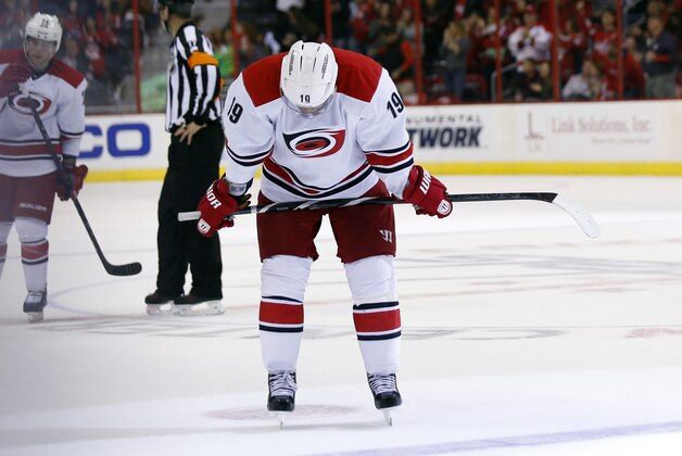 Carolina Hurricanes left wing Jiri Tlusty (19) skates slowly on the ice after the Washington Capitals fifth goal in the second period of a preseason NHL hockey game, Sunday, Oct. 5, 2014, in Washington. (AP Photo/Alex Brandon)