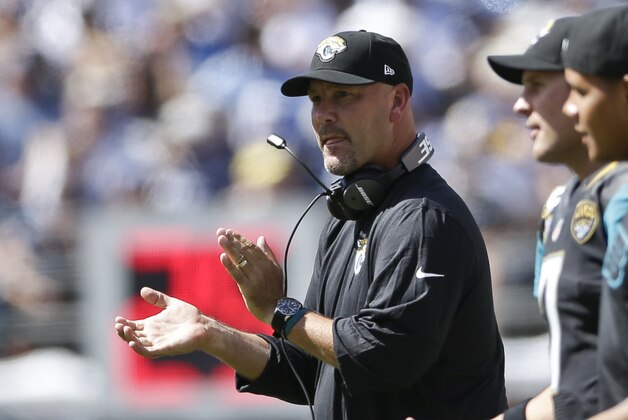 Jacksonville Jaguars coach Gus Bradley encourages his team during the first half of an NFL football game against the San Diego Chargers  Sunday, Sept. 28, 2014, in San Diego.  (AP Photo/Gregory Bull)