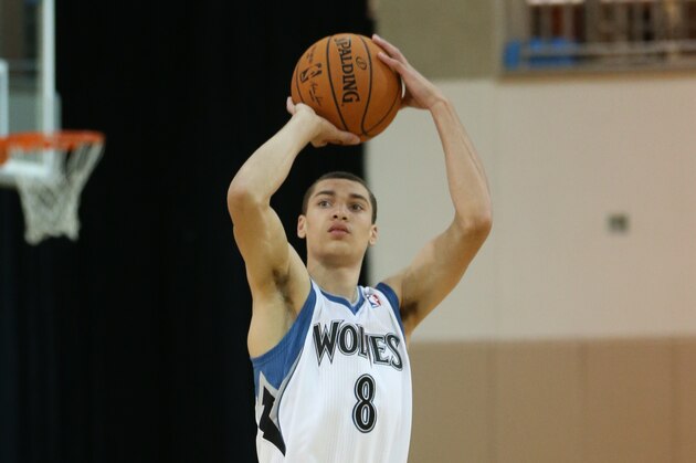 MINNEAPOLIS, MN - AUGUST 26: Zach LaVine #8 of the Minnesota Timberwolves pose for portraits on August 26, 2014 at Target Center in Minneapolis, Minnesota. NOTE TO USER:  User expressly acknowledges and agrees that, by downloading and or using this Photograph, user is consenting to the terms and conditions of the Getty Images License Agreement.  Mandatory Copyright Notice:  Copyright 2014 NBAE (Photo by Gary Dineen/NBAE via Getty Images)