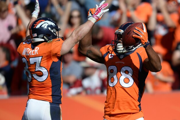 Oct 5, 2014; Denver, CO, USA; Denver Broncos wide receiver Demaryius Thomas (88) and Denver Broncos wide receiver Wes Welker (83) celebrate a touchdown in the second quarter against the Arizona Cardinals at Sports Authority Field at Mile High. Mandatory Credit: Ron Chenoy-USA TODAY Sports