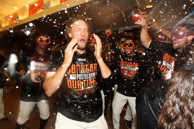 SAN FRANCISCO, CA - OCTOBER 07:  Hunter Pence #8 of the San Francisco Giants celebrates in the locker room after their 3 to 2 win over the Washington Nationals in Game Four of the National League Division Series at AT&T Park on October 7, 2014 in San Francisco, California.  (Photo by Ezra Shaw/Getty Images)