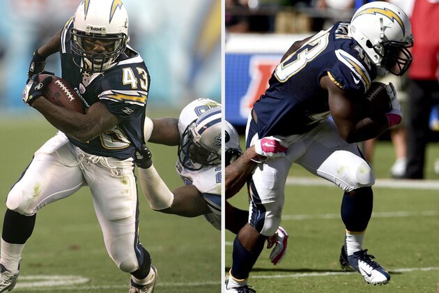 San Diego Chargers running back Branden Oliver scores over New York Jets free safety Calvin Pryor during the first half of an NFL football game, Sunday, Oct. 5, 2014, in San Diego. (AP Photo/Lenny Ignelzi)