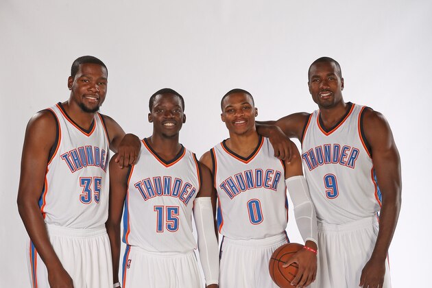 OKLAHOMA CITY, OK - SEPTEMBER 29:  Oklahoma City Thunder Kevin Durant #35, Reggie Jackson #15, Russell Westbrook #0 and Serge Ibaka #9 pose for a portrait during 2014 NBA Media Day on September 29, 2014 at the Thunder Events Center in Edmond, Oklahoma. NOTE TO USER: User expressly acknowledges and agrees that, by downloading and or using this Photograph, user is consenting to the terms and conditions of the Getty Images License Agreement. Mandatory Copyright Notice: Copyright 2014 NBAE (Photo by Layne Murdoch/NBAE via Getty Images)