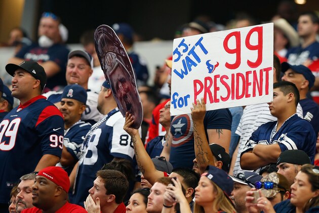 ARLINGTON, TX - OCTOBER 05:  A Houston Texans fan holds a sign supporting J.J. Watt #99 of the Houston Texans in the first half against the Dallas Cowboys at AT&T Stadium on October 5, 2014 in Arlington, Texas.  (Photo by Tom Pennington/Getty Images)
