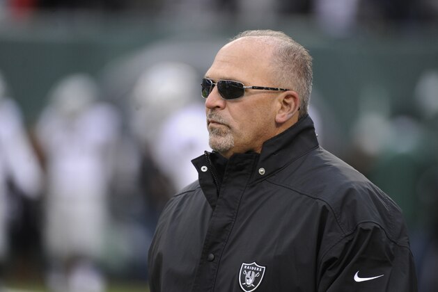 Oakland Raiders assistant head coach Tony Sparano looks on before an NFL football game against the New York Jets, Sunday, Dec. 8, 2013, in East Rutherford, N.J. (AP Photo/Bill Kostroun)