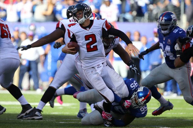 EAST RUTHERFORD, NJ - OCTOBER 05:  Quarterback Matt Ryan #2 of the Atlanta Falcons gets sacked by defensive tackle Johnathan Hankins #95 of the New York Giants in the fourth quarter of their game at MetLife Stadium on October 5, 2014 in East Rutherford, New Jersey.  (Photo by Al Bello/Getty Images)