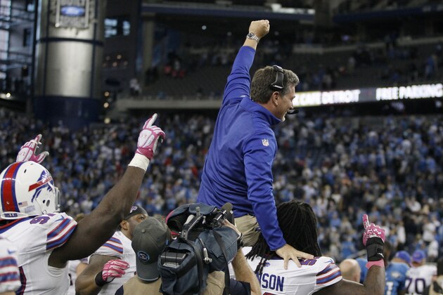 Buffalo Bills defensive coordinator Jim Schwartz is carried off the field after the team defeated the Detroit Lions 17-14 during an NFL football game Sunday, Oct. 5, 2014, in Detroit. (AP Photo/Duane Burleson)