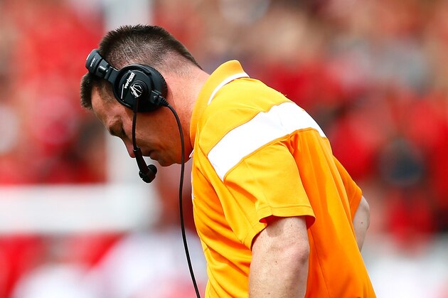 ATHENS, GA - SEPTEMBER 27:  Head coach Butch Jones of the Tennessee Volunteers reacts during the game against the Georgia Bulldogs at Sanford Stadium on September 27, 2014 in Athens, Georgia.  (Photo by Kevin C. Cox/Getty Images)
