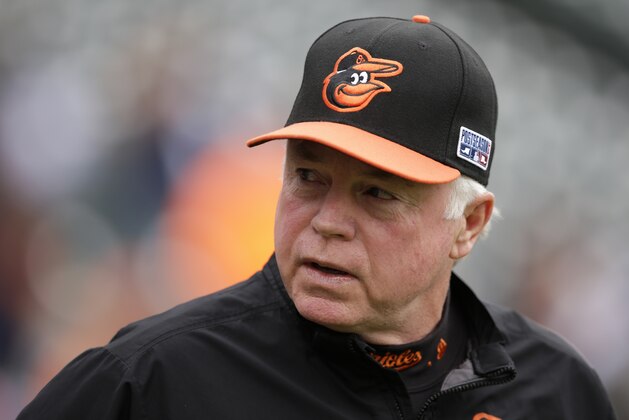 Baltimore Orioles manager Buck Showalter watches as his team takes batting practice before Game 3 of baseball's AL Division Series against the Detroit Tigers, Sunday, Oct. 5, 2014, in Detroit. (AP Photo/Darron Cummings)