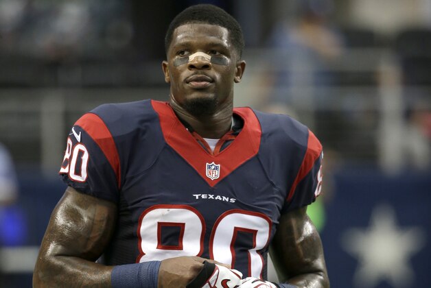 Houston Texans' Andre Johnson (80) stands on the field before an NFL football game against the Dallas Cowboys, Sunday, Oct. 5, 2014, in Arlington, Texas. (AP Photo/Tim Sharp)
