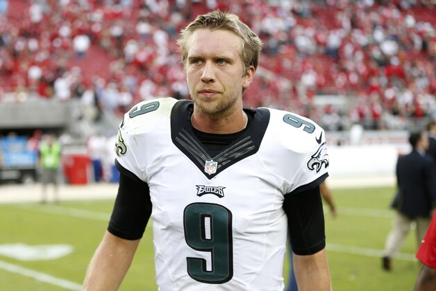 Sep 28, 2014; Santa Clara, CA, USA; Philadelphia Eagles quarterback Nick Foles (9) leaves the field after the game against the San Francisco 49ers at Levi's Stadium. 49ers won 26-12. Mandatory Credit: Bob Stanton-USA TODAY Sports
