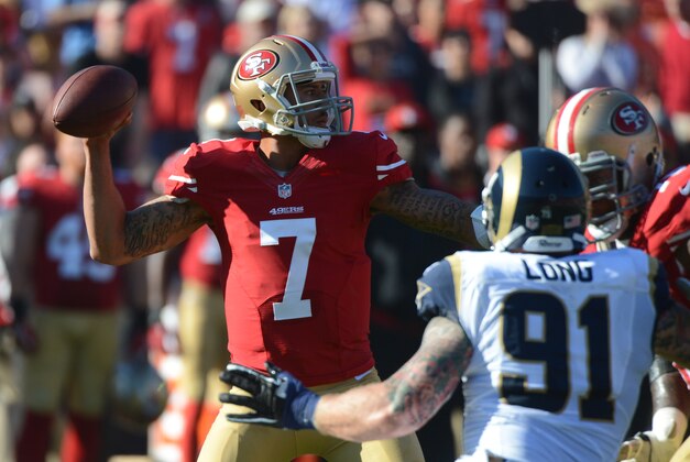 December 1, 2013; San Francisco, CA, USA; San Francisco 49ers quarterback Colin Kaepernick (7) passes the football during the first quarter against the St. Louis Rams at Candlestick Park. Mandatory Credit: Kyle Terada-USA TODAY Sports