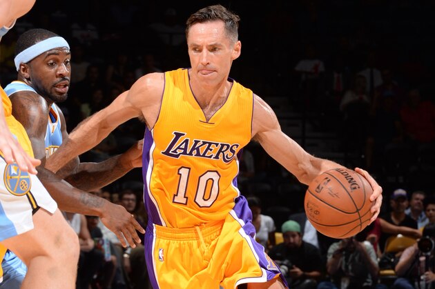 SAN DIEGO, CA- OCTOBER 6: Steve Nash #10 of the Los Angeles Lakers drives against the Denver Nuggets at the Valley View Sports Arena in San Diego, California on October 6, 2014 . NOTE TO USER: User expressly acknowledges and agrees that, by downloading and/or using this Photograph, user is consenting to the terms and conditions of the Getty Images License Agreement. Mandatory Copyright Notice: Copyright 2014 NBAE (Photo by Noah Graham /NBAE via Getty Images)