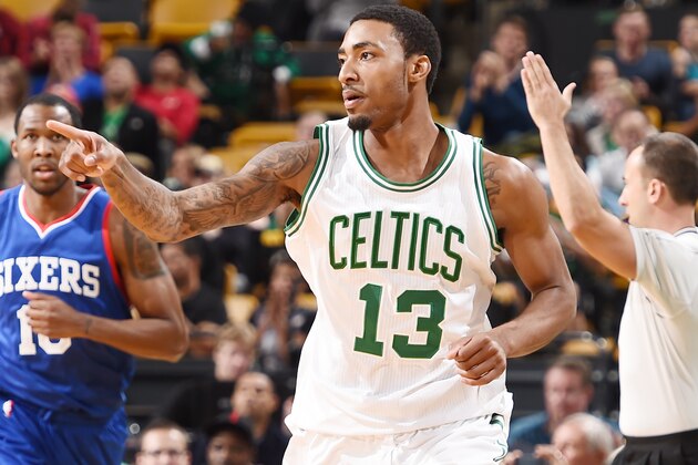 BOSTON, MA - OCTOBER 6: James Young #13 of the Boston Celtics celebrates a play against the Philadelphia 76ers on October 6, 2014 at the TD Garden in Boston, Massachusetts.  NOTE TO USER: User expressly acknowledges and agrees that, by downloading and or using this photograph, User is consenting to the terms and conditions of the Getty Images License Agreement. Mandatory Copyright Notice: Copyright 2014 NBAE  (Photo by Brian Babineau/NBAE via Getty Images)