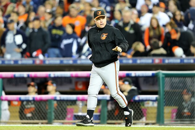 DETROIT, MI - OCTOBER 05:  Manager Buck Showalter #26 of the Baltimore Orioles comes out to the mound in the ninth inning against the Detroit Tigers during Game Three of the American League Division Series at Comerica Park on October 5, 2014 in Detroit, Michigan.  (Photo by Leon Halip/Getty Images)