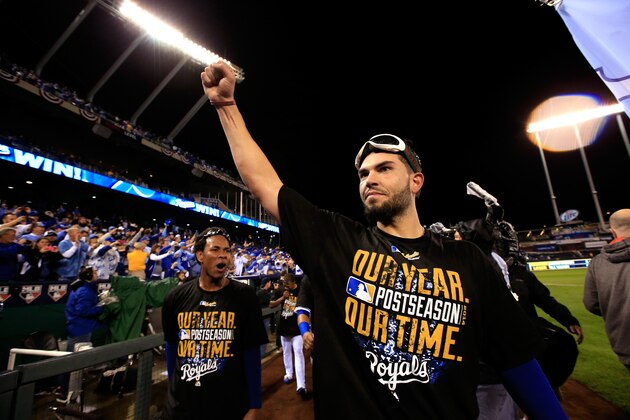 KANSAS CITY, MO - OCTOBER 05:  Eric Hosmer #35 of the Kansas City Royals celebrates with fans after the Royals defeated the Los Angeles Angels 9-3 to win game 3 of the American League Division Series  at Kauffman Stadium on October 5, 2014 in Kansas City, Missouri.  (Photo by Jamie Squire/Getty Images)
