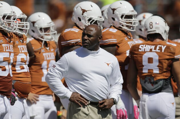 Texas Longhorns head coach Charlie Strong watches his team prior to an NCAA college football game against Baylor, Saturday, Oct. 4, 2014, in Austin, Texas. (AP Photo/Eric Gay)