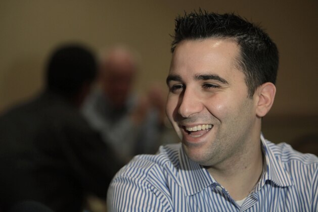 Toronto Blue Jays general manager Alex Anthopoulos talks to reporters during Major League Baseball's 2009 General Managers Meetings, Tuesday, Nov. 10, 2009 in Chicago. (AP Photo/M. Spencer Green)
