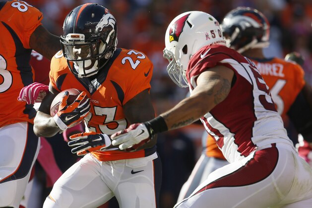 Denver Broncos running back Ronnie Hillman (23) runs against the Arizona Cardinals during the second half of an NFL football game, Sunday, Oct. 5, 2014, in Denver. (AP Photo/Joe Mahoney) Denver Broncos running back Ronnie Hillman (23) runs against the Arizona Cardinals during the second half of an NFL football game, Sunday, Oct. 5, 2014, in Denver. (AP Photo/Joe Mahoney)