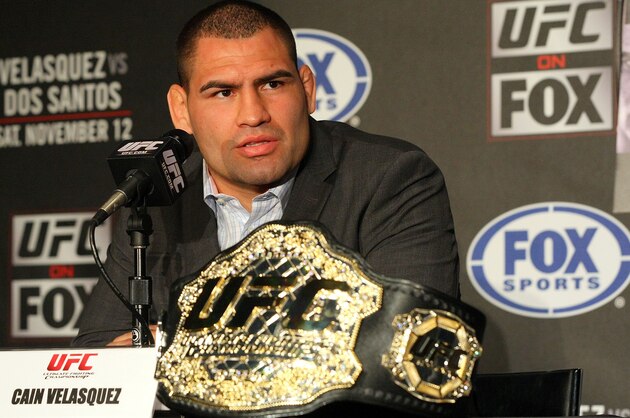 HOLLYWOOD, CA - SEPTEMBER 20:  UFC Fighter Cain Velasquez speaks at the UFC on Fox: Velasquez v Dos Santos - Press Conference at W Hollywood on September 20, 2011 in Hollywood, California.  (Photo by Victor Decolongon/Getty Images)