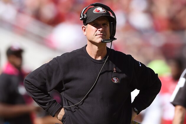 SANTA CLARA, CA - OCTOBER 05:  Head coach Jim Harbaugh of the San Francisco 49ers looks on against the Kansas City Chiefs during the second quarter at Levi's Stadium on October 5, 2014 in Santa Clara, California.  (Photo by Thearon W. Henderson/Getty Images)