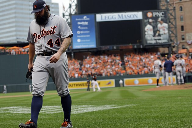 Detroit Tigers relief pitcher Joba Chamberlain walks off the field after being relieved in Game 2 in baseball's AL Division Series against the Baltimore Orioles in Baltimore, Friday, Oct. 3, 2014. (AP Photo/Patrick Semansky)