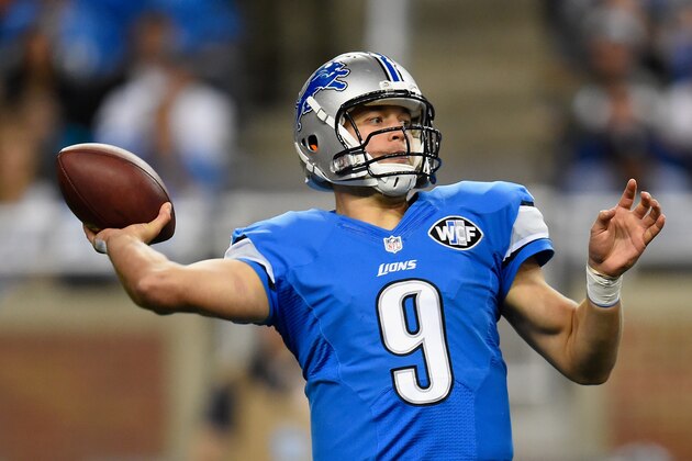 DETROIT, MI - OCTOBER 05: Matthew Stafford #9 of the Detroit Lions throws a second quarter pass against the Buffalo Bills at Ford Field on October 05, 2014 in Detroit, Michigan. (Photo by Joe Sargent/Getty Images)