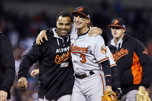 Baltimore Orioles' Nelson Cruz and Ryan Flaherty (3) react after Baltimore defeated the Detroit Tigers, 2-1, in Game 3 of baseball's AL Division Series Sunday, Oct. 5, 2014, in Detroit. Baltimore won the series 3-0. (AP Photo/Paul Sancya)