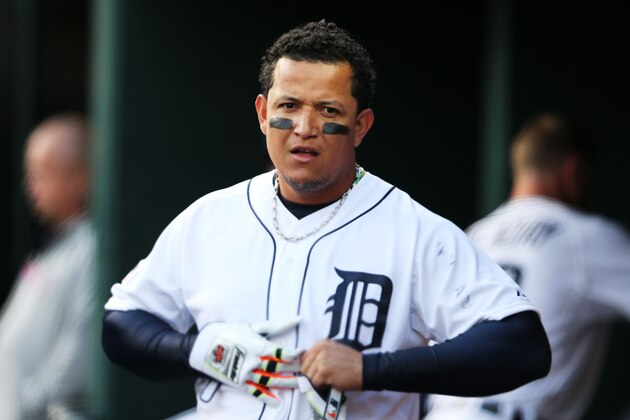 DETROIT, MI - OCTOBER 05:  Miguel Cabrera #24 of the Detroit Tigers reacts in the dugout after striking out in the sixth inning against the Baltimore Orioles during Game Three of the American League Division Series at Comerica Park on October 5, 2014 in Detroit, Michigan.  (Photo by Gregory Shamus/Getty Images)