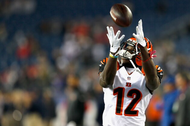FOXBORO, MA - OCTOBER 05:  Mohamed Sanu #12 of the Cincinnati Bengals warms up before a game against the New England Patriots at Gillette Stadium on October 5, 2014 in Foxboro, Massachusetts.  (Photo by Jim Rogash/Getty Images)