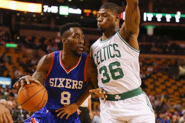 Oct 6, 2014; Boston, MA, USA; Philadelphia 76ers guard Tony Wroten (8) drives the ball against `Boston Celtics guard Marcus Smart (36) in the first half at TD Garden. Mandatory Credit: David Butler II-USA TODAY Sports