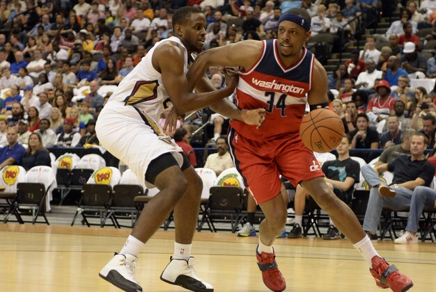 Oct 8, 2014; Jacksonville, FL, USA; Washington Wizards forward Paul Pierce (34) drives against the New Orleans Pelicans during the second quarter at Jacksonville Veterans Memorial Arena. Mandatory Credit: Richard Dole-USA TODAY Sports Oct 8, 2014; Jacksonville, FL, USA; Washington Wizards forward Paul Pierce (34) drives against the New Orleans Pelicans during the second quarter at Jacksonville Veterans Memorial Arena. Mandatory Credit: Richard Dole-USA TODAY Sports
