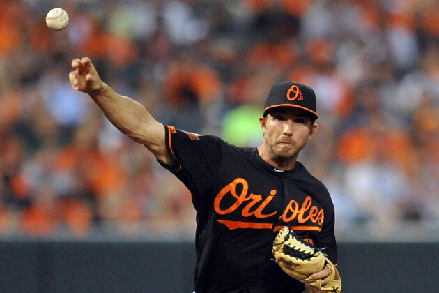 Aug 1, 2014; Baltimore, MD, USA; Baltimore Orioles shortstop J.J. Hardy (2) throws over to first base to get out Seattle Mariners right fielder Chris Denorfia (not shown) in the second inning at Oriole Park at Camden Yards. Mandatory Credit: Joy R. Absalon-USA TODAY Sports