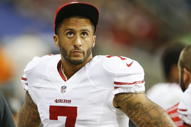 Aug 28, 2014; Houston, TX, USA; San Francisco 49ers quarterback Colin Kaepernick (7) during the game against the Houston Texans at NRG Stadium. Mandatory Credit: Kevin Jairaj-USA TODAY Sports