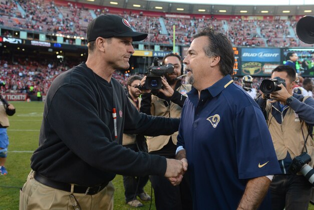 December 1, 2013; San Francisco, CA, USA; San Francisco 49ers head coach Jim Harbaugh (left) shakes hands with St. Louis Rams head coach Jeff Fisher (right) after the game at Candlestick Park. The 49ers defeated the Rams 23-13. Mandatory Credit: Kyle Terada-USA TODAY Sports