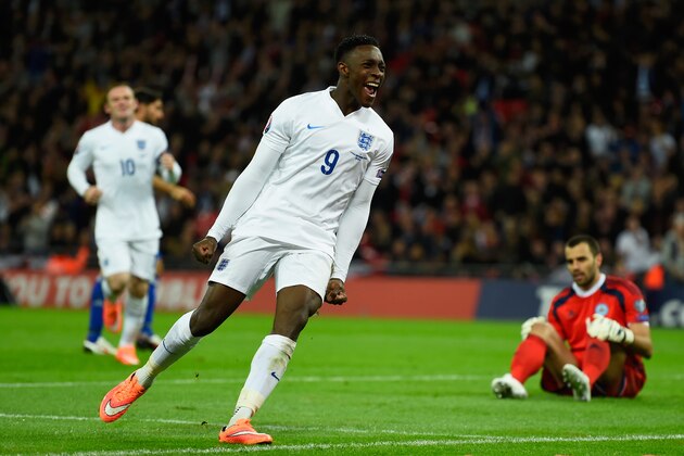 LONDON, ENGLAND - OCTOBER 09:  Danny Welbeck of England celebrates scoring their third goal during the EURO 2016 Group E Qualifying match between England and San Marino at Wembley Stadium on October 9, 2014 in London, England.  (Photo by Mike Hewitt/Getty Images)