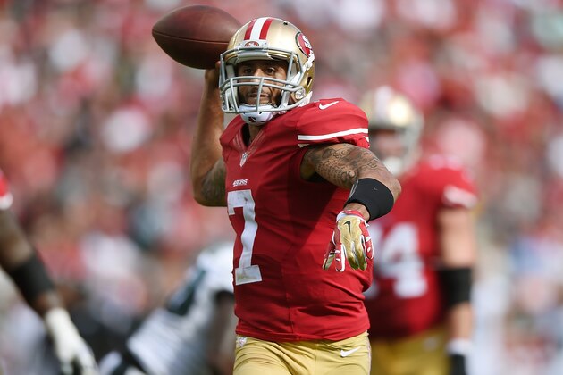 SANTA CLARA, CA - SEPTEMBER 28:  Colin Kaepernick #7 of the San Francisco 49ers passes against the Philadelphia Eagles during the third quarter at Levi's Stadium on September 28, 2014 in Santa Clara, California. The 49ers won the game 26-21. (Photo by Thearon W. Henderson/Getty Images)