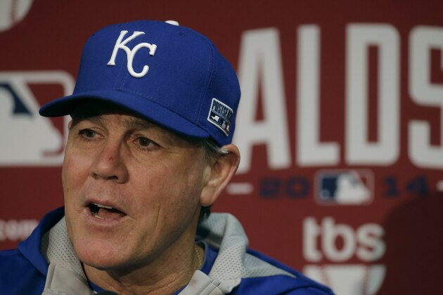 Kansas City Royals manager Ned Yost talks to reporters during a press conference at baseball's American League Division Series Saturday, Oct. 4, 2014, in Kansas City, Mo. The Royals host the Los Angeles Angels Sunday in Game 3 of the series. (AP Photo/Charlie Riedel)