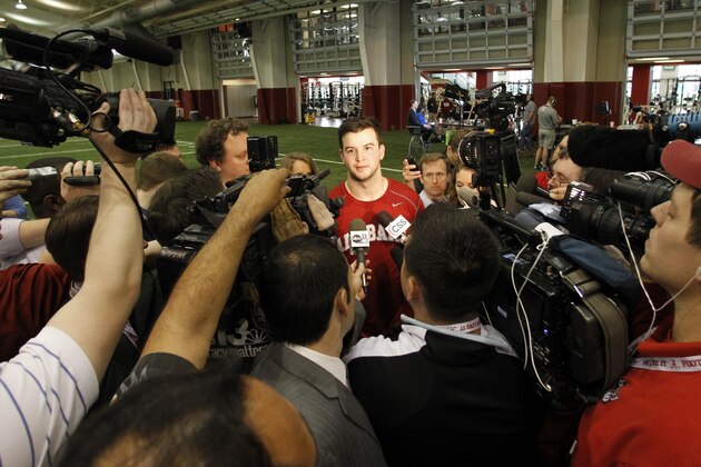AJ McCarron talks with the media during Pro Day at the University of Alabama on Wednesday, Mar. 12, 2014, in Tuscaloosa, Ala. (AP Photo/Butch Dill)
