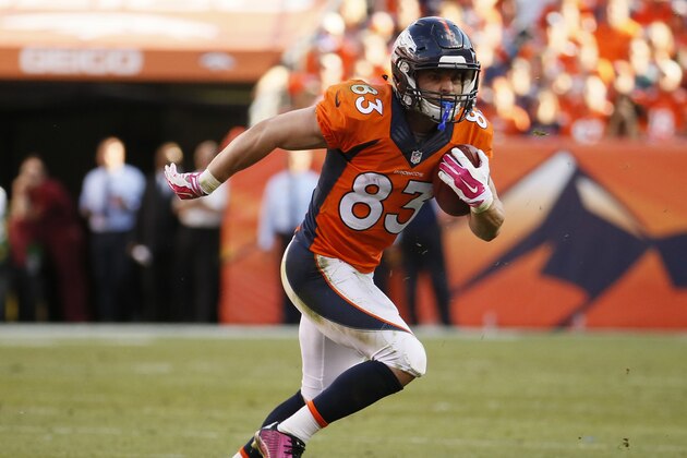 Denver Broncos wide receiver Wes Welker runs during an NFL football game between the Denver Broncos and the Arizona Cardinals, Sunday, Oct. 5, 2014, in Denver. (AP Photo/Jack Dempsey)