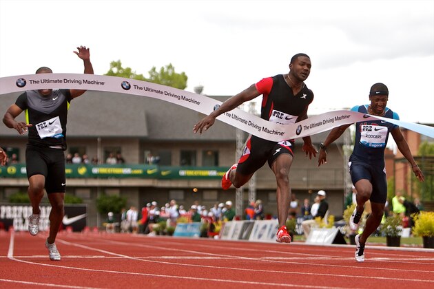 EUGENE, OR - JUNE 02:  Justin Gatlin of the USA crosses the finish line to win the 100m at the Samsung Diamond League Prefontaine Classic at Hayward Field on June 2, 2012 in Eugene, Oregon.  (Photo by Craig Mitchelldyer/Getty Images)